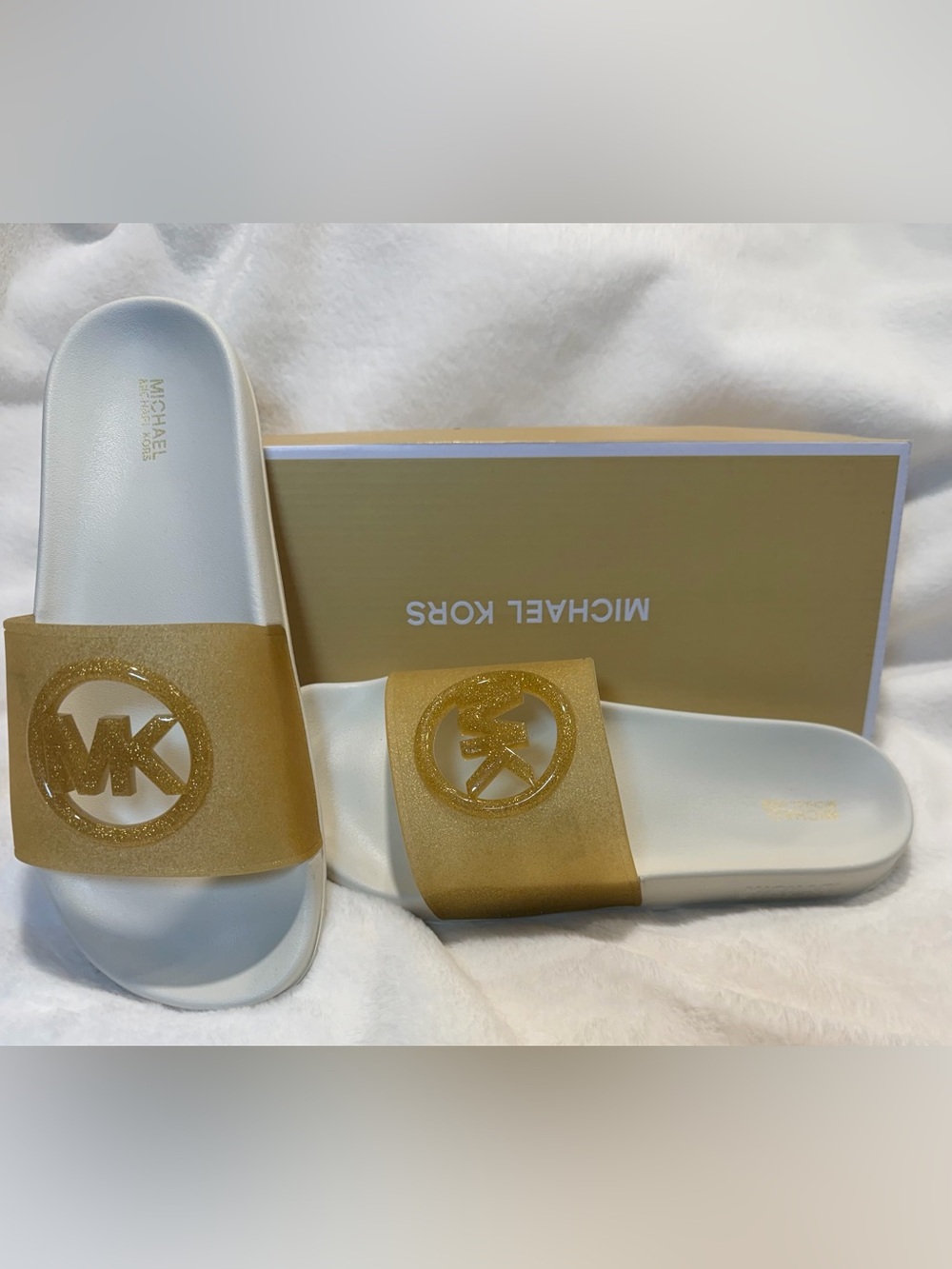 NIB Michael Kors Penny Glitter PVC Slide Sandals Pale Gold Size 8
